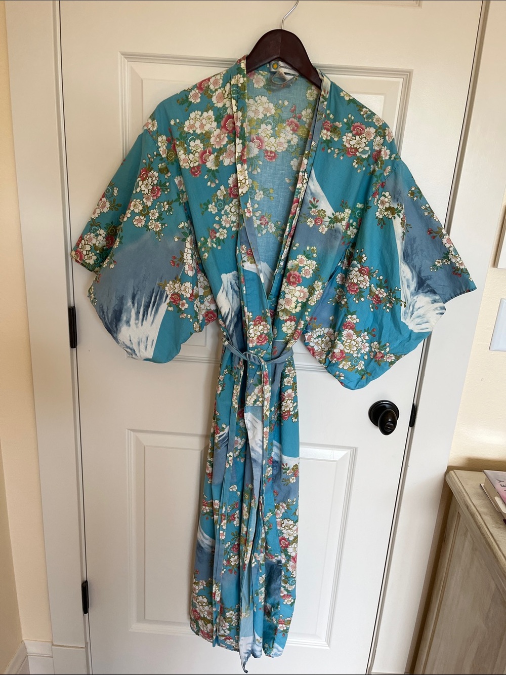 Floral Teal Kimono Robe with Belt and Wide Sleeves
